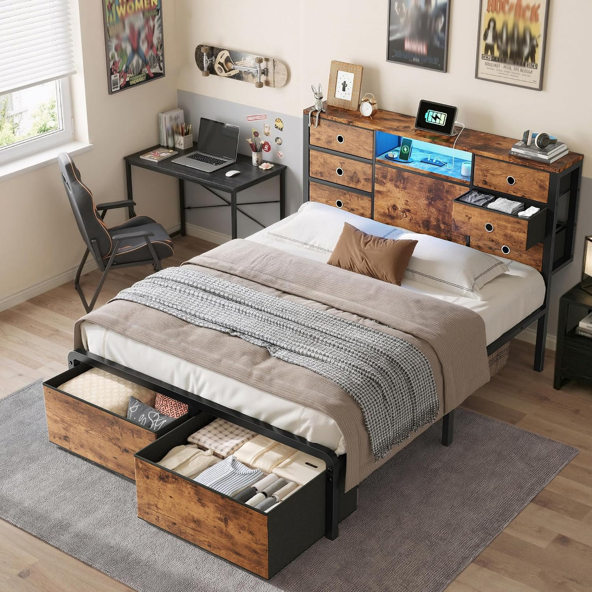 homkdom full size bed frame with 8 drawers on a desk or shelf