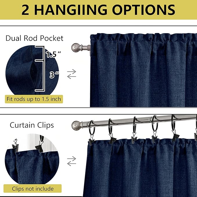 Navy Blue Kitchen Curtains 24 Inch Length 2 Panels, Light Filtering Faux Linen - Image 4