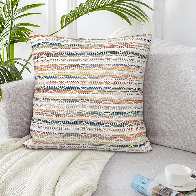 Colorful Boho Geometric Abstract Striped Throw Pillow Covers 18x18 Inch Set of - Image 2