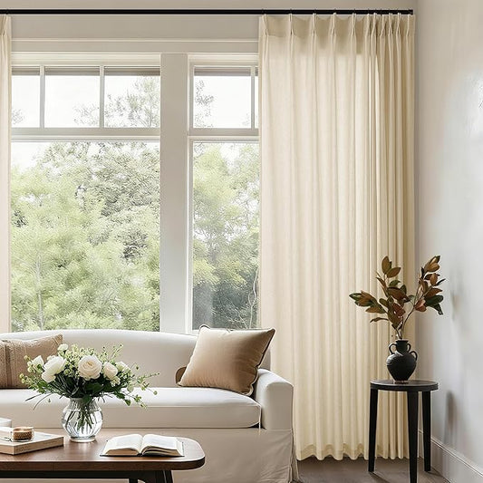 Beige Extra Wide Pinch Pleat Linen Curtains 84 Inches Long by DUKIYO