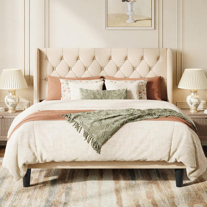 sha cerlin queen upholstered bed frame, button tufted, close-up detail