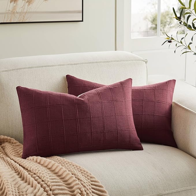 ZeeMart Linen Checked Lumbar Throw Pillow Covers Set of 2, 12x20 Inch by ZEEMARTONLINE