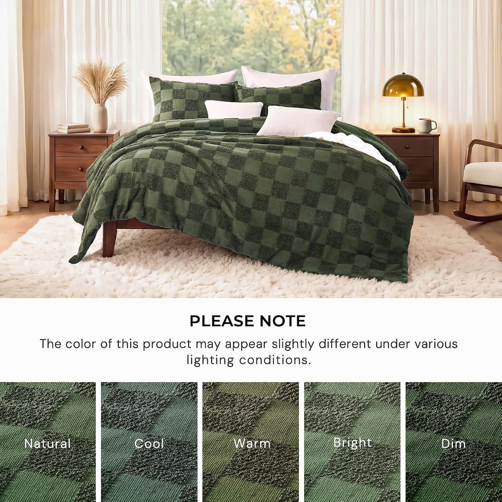 Full Comforter Set-3 Pieces Soft Boho Tufted Bed Checkered Bedding