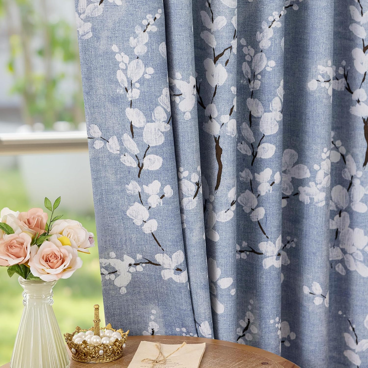 fmfunctex blue blackout floral curtains for bedroom, 63, main product view