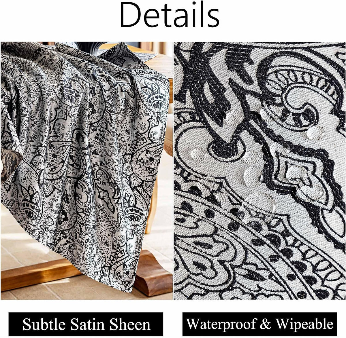 Black Jacquard Floral Tablecloth Rectangle 57”x70”, Waterproof & Wrinkle Resistant Damask Vintage Table Cloth, Luxury Table Cover for Dinning Halloween Wedding Party Christmas