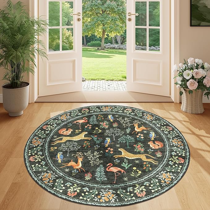 DUKINO 4ft Round Rug, Washable Round Area Rug, Non Slip Indoor Low Pile Animal by DUKINO