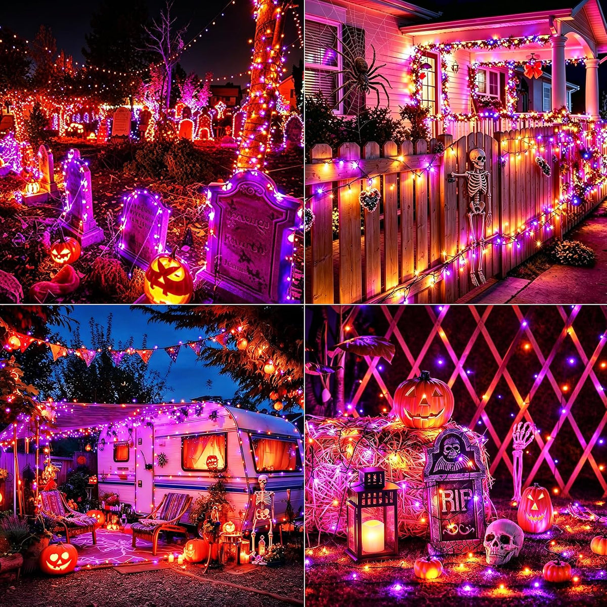Jedavai 6Pack 240FT 600 LED Solar Halloween String Lights, Orange & Purple Solar Lights Outdoor with 8 Lighting Modes Waterproof Solar Fairy Lights for Garden Yard Patio Party Tree Decoration