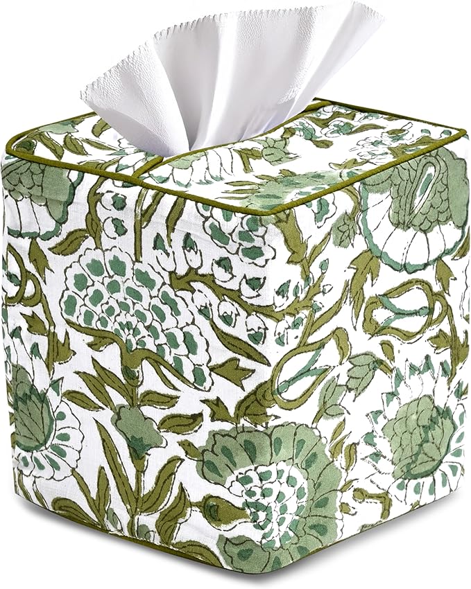 CPC Agate Green Hand Block Printed Cotton Tissue Box Cover 5" x 5" x 5.5" by COTTONPRINTCLUB