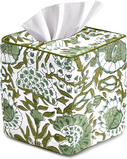 CPC Agate Green Hand Block Printed Cotton Tissue Box Cover 5" x 5" x 5.5" by COTTONPRINTCLUB