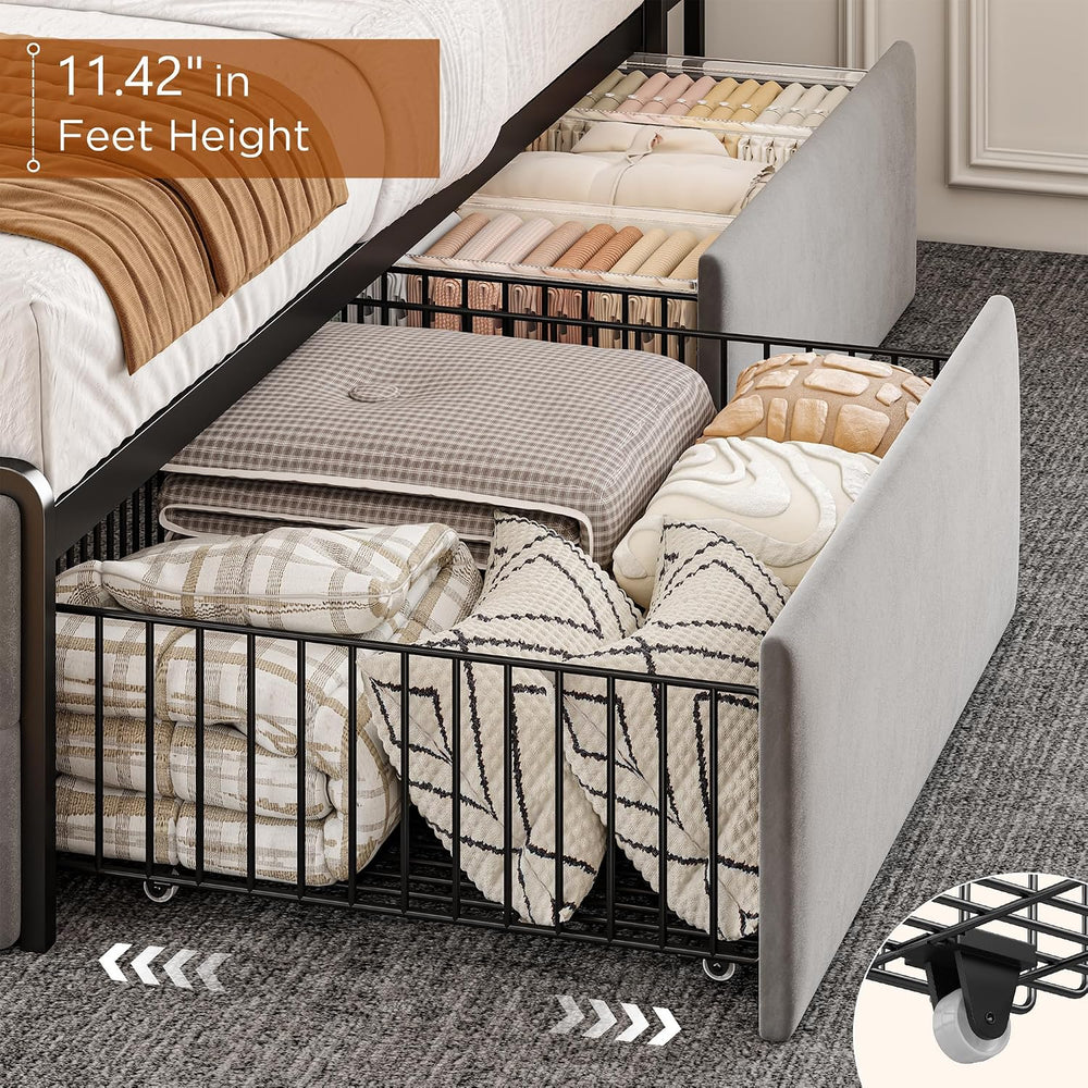 EnHomee King Bed Frame with 6 Drawers and Velvet Storage Headboard,Grey