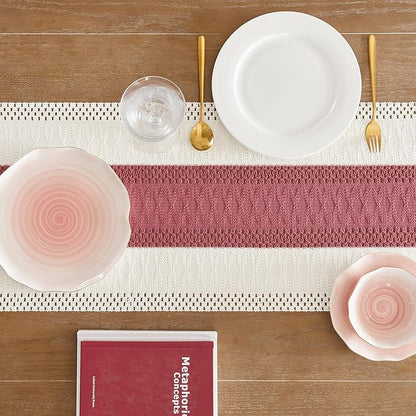 ZeeMart Macrame Style Bicolor Stitching Table Runner, 14 x 90 Inch Dusty - Image 4
