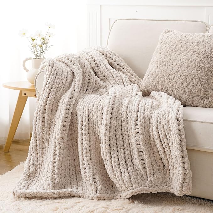 Battilo Beige Chunky Knit Throw Blanket, Soft and Thick Cream Chenille Throw by Battilo