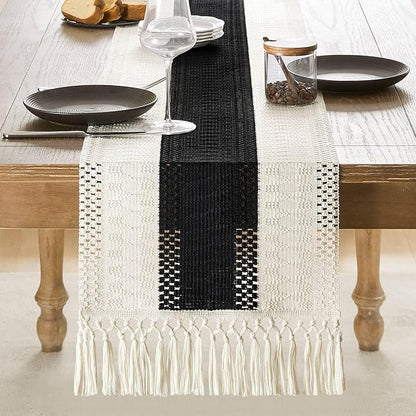 ZeeMart Macrame Style Bicolor Stitching Table Runner, 14 x 108 Inch Black/Ivory - Image 2