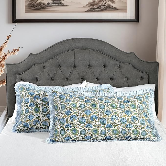 Ridhi Asparagus Green 100% Cotton Block Print Ruffle Bed Sham Cover 20''×36'' by Ridhi