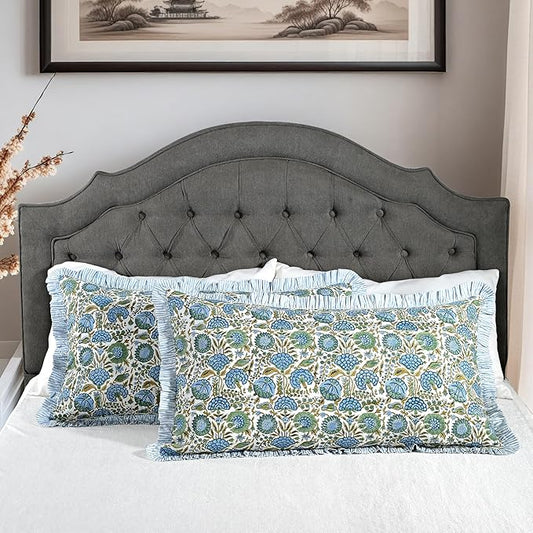 Ridhi Asparagus Green 100% Cotton Block Print Ruffle Bed Sham Cover 20''×36'' by Ridhi