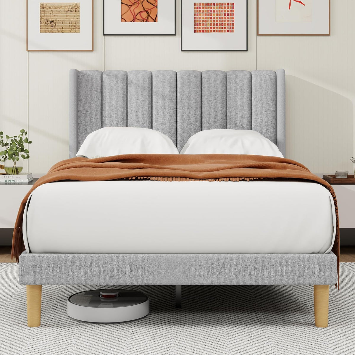 alazyhome full bed frame with linen upholstered headboard, main product view