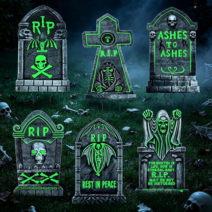 6pcs Solar Glow in the Dark Grave Halloween Decor Tombstone Yard Sign Stake
