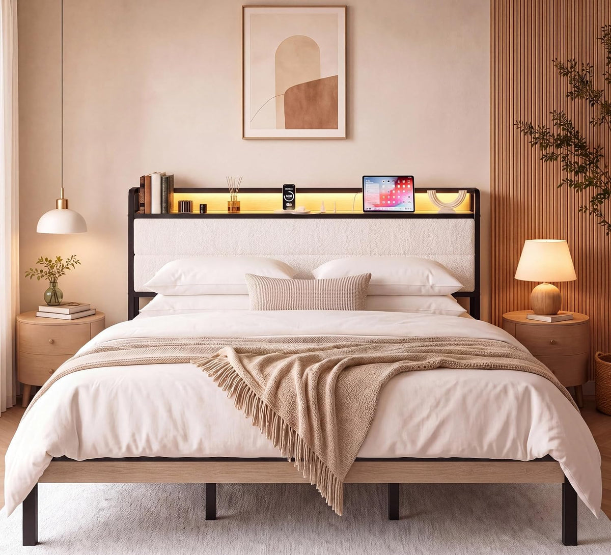 likimio king size bed frame with headboard, led, main product view