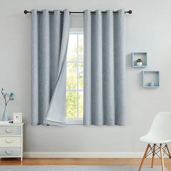 Blue Solid Full Blackout Curtain Heavy Linen Texture Window Treatment - Image 8