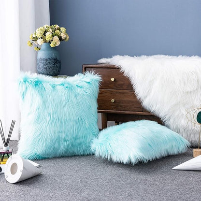 LIGICKY Set of 2 Turquoise Fluffy Pillows Luxury Series Soft Teal Faux Fur - Image 3