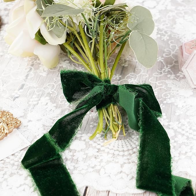 Dark Green Velvet Ribbon for Christmas Tree Decorations Frayed Silk Velvet - Image 4
