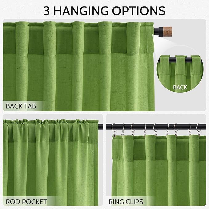 Nanspring Lime Green Linen Blend Light Filtering Back Tab Curtains 102 Inches - Image 3