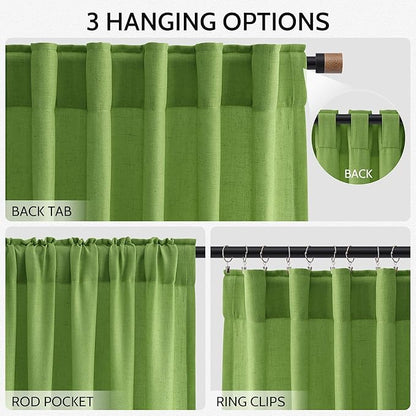 Nanspring Lime Green Linen Blend Light Filtering Back Tab Curtains 102 Inches - Image 3
