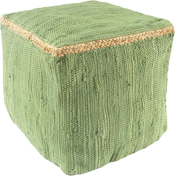 LR Home Green Bordered Hand-Loomed Cotton Blend Cube Pouf - Image 4