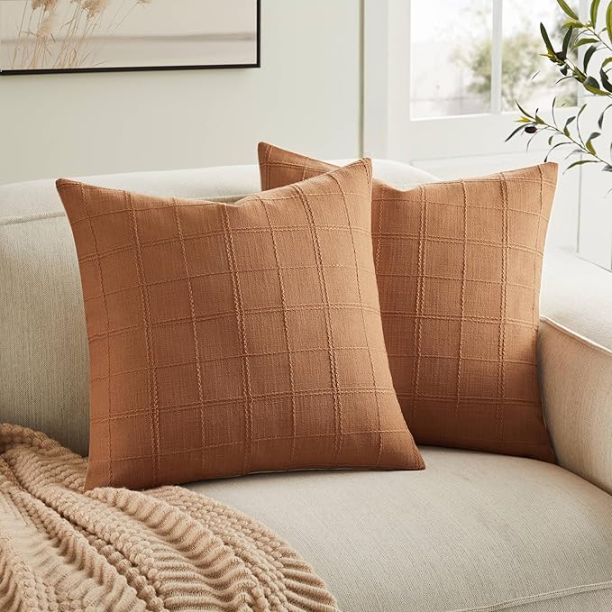 ZeeMart Linen Checked Throw Pillow Covers Set of 2, 16x16 Inch Caramel/Cream by ZEEMARTONLINE