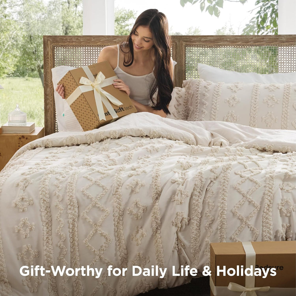 bedsure tufted boho comforter set full, bedroom decor, side view