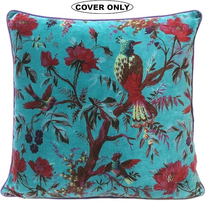 Eyes of India Velvet Floral Flower Bird Throw Pillow Sofa Cushion Cover Case - Image 2