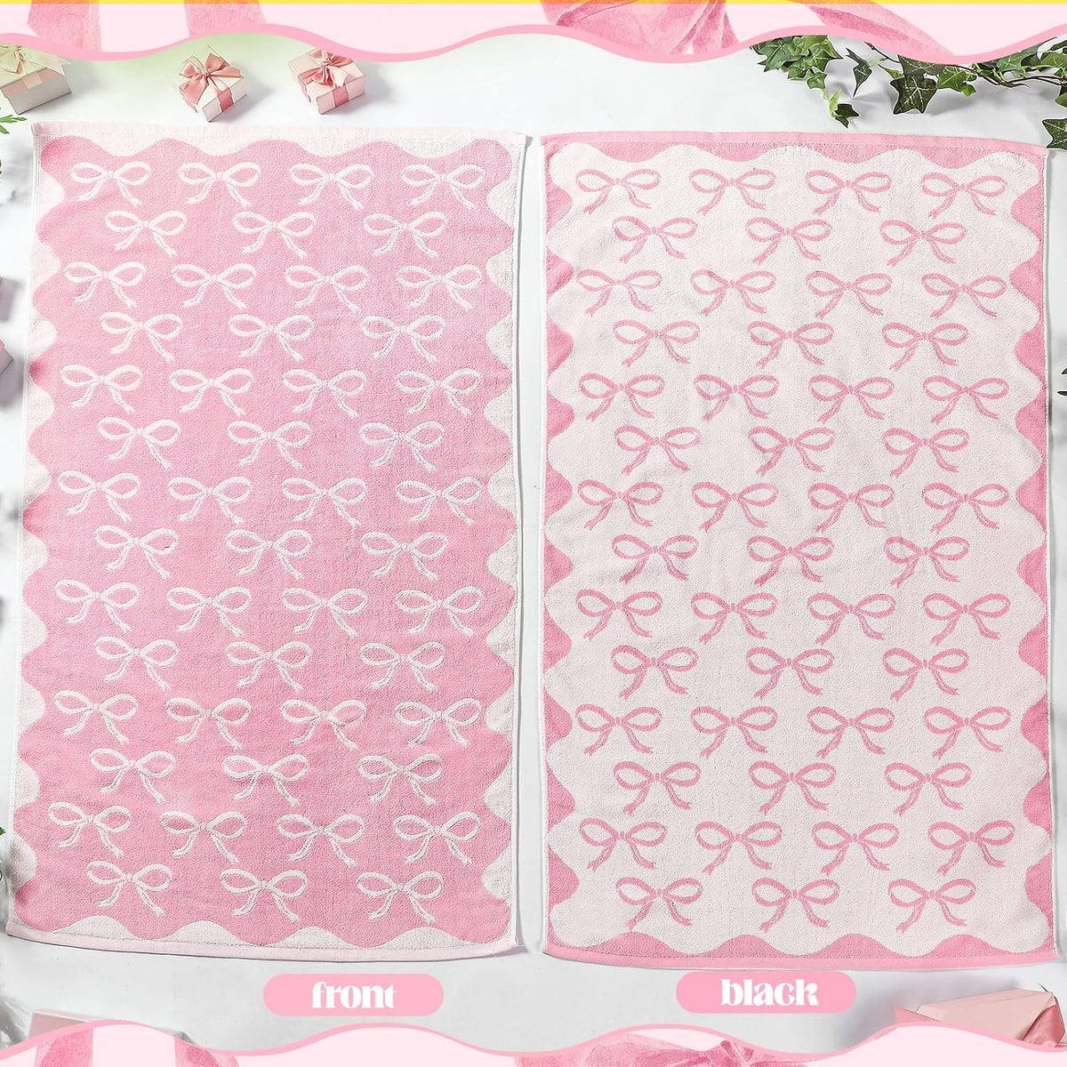 pink bow towel, 28 x 55 in 100%, side view