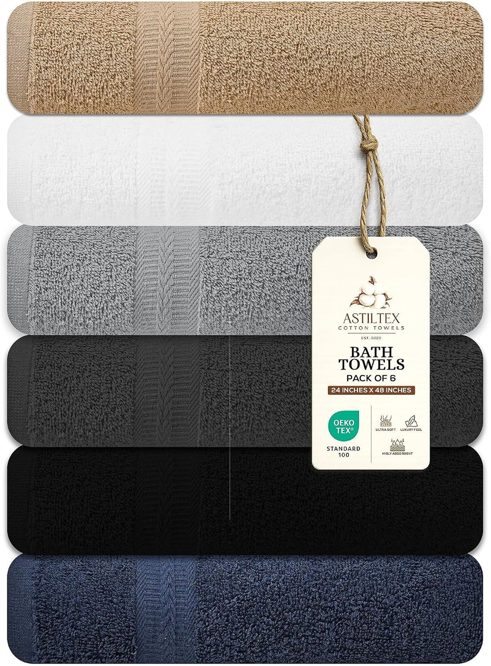 ASTILTEX Bath Towels Pack of 6 – 24" x 48" – 100% Cotton Terry, Sof...