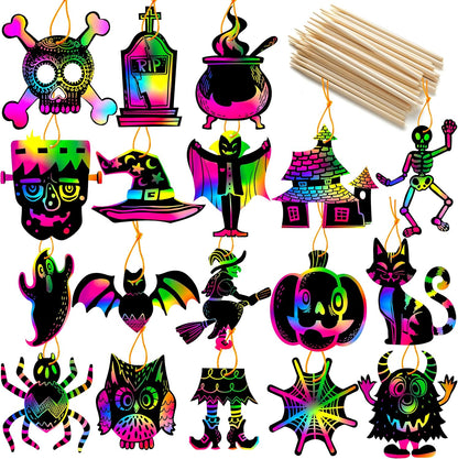 JOYIN 120 Pcs Halloween Rainbow Scratch Art Crafts for Kid, Halloween Party Favors, Scratch Off Paper with 18 Designs for Party Supplies, Classroom Activities Game Goodies Gifts