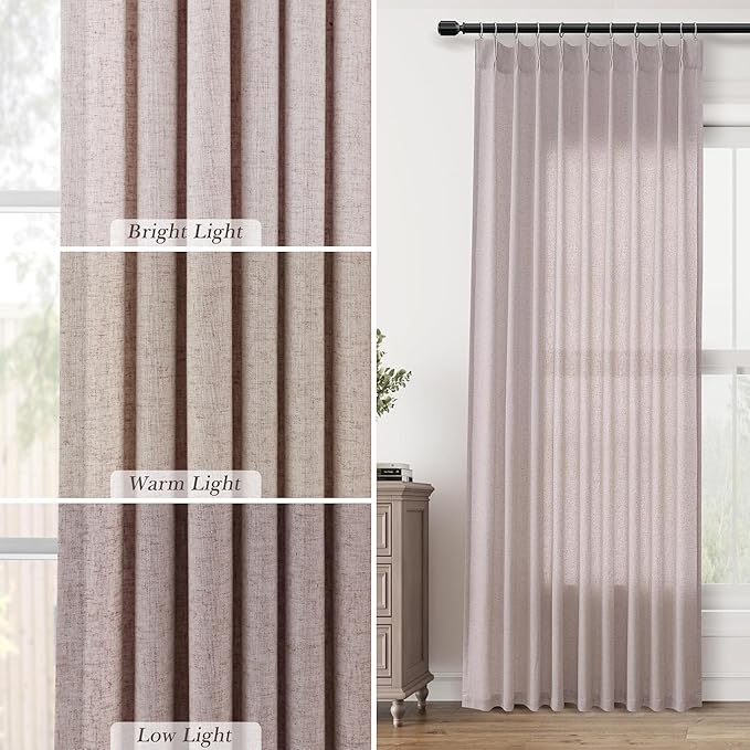Champagne Pinch Pleat Linen Curtains 120 Inch Length 2 Panels Set - Image 4