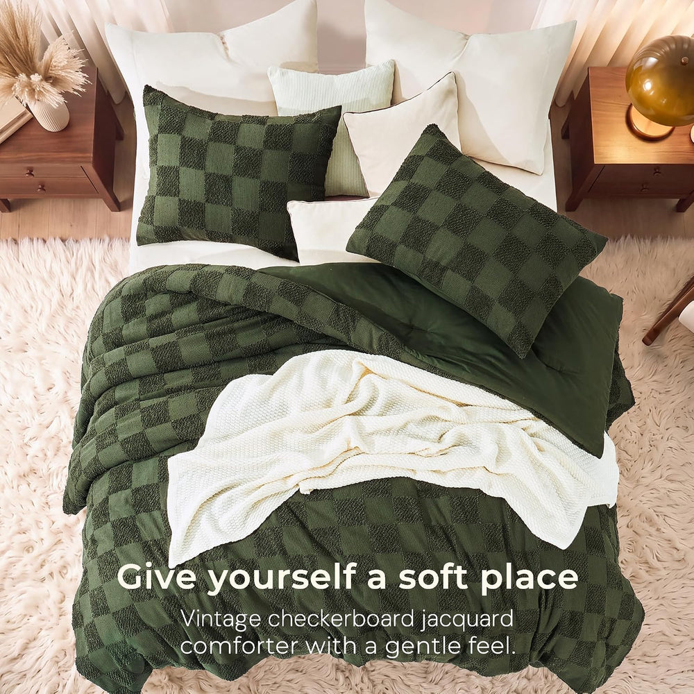 Full Comforter Set-3 Pieces Soft Boho Tufted Bed Checkered Bedding