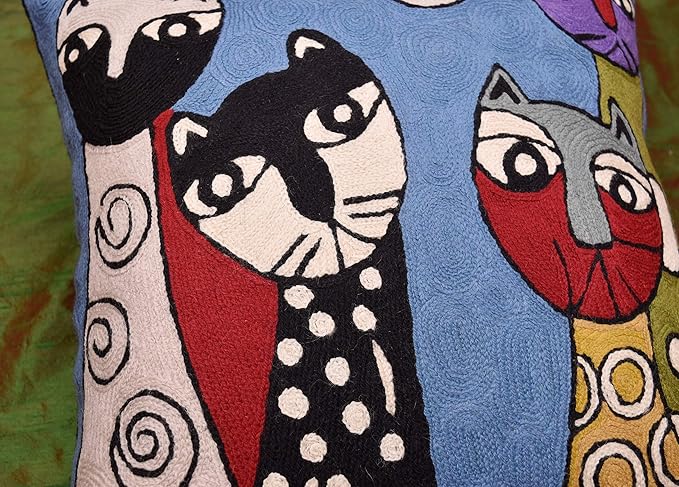 Picasso Blue Cat Pillow Cover Quadruplets Whimsical Hand Embroidered Wool 18x18 - Image 9