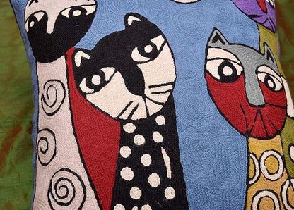 Picasso Blue Cat Pillow Cover Quadruplets Whimsical Hand Embroidered Wool 18x18 - Image 9