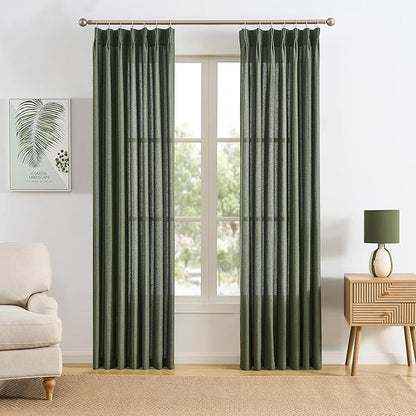 RAIN CITY Olive Green Curtains Pinch Pleated, Linen Sheer Curtain 84 Inches - Image 2