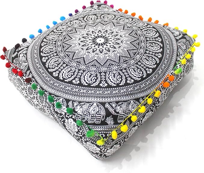 CRAFT KALA Black Elephant Flower Large Hippie Mandala Meditation Floor Ottoman by CRAFTKALA