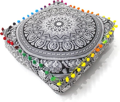 CRAFT KALA Black Elephant Flower Large Hippie Mandala Meditation Floor Ottoman by CRAFTKALA