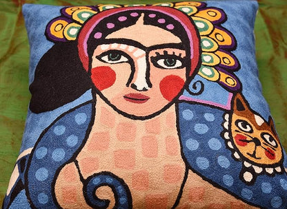 Frida Inspired Blue Throw Pillow Cover Cat Pillowcase Tiara Mexican Art Chair - Image 6