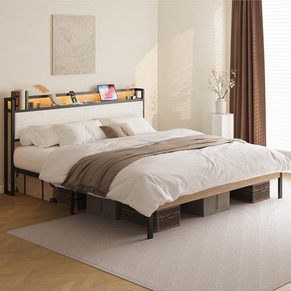 likimio king size bed frame with headboard, led, front angle view