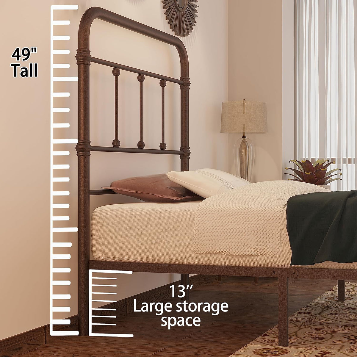 twin-bed-frames-vintage-farmhouse 49 inch tall-headboard-iron - platform mattress foundation,no showing dimensions