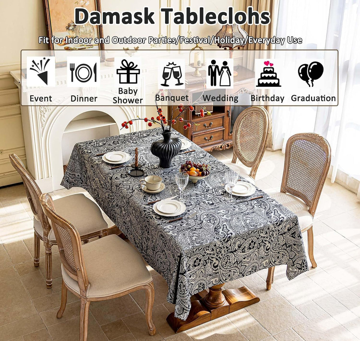 Black Jacquard Floral Tablecloth Rectangle 57”x70”, Waterproof & Wrinkle Resistant Damask Vintage Table Cloth, Luxury Table Cover for Dinning Halloween Wedding Party Christmas