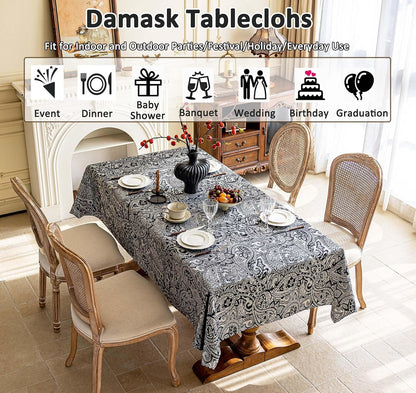 Black Jacquard Floral Tablecloth Rectangle 57”x70”, Waterproof & Wrinkle Resistant Damask Vintage Table Cloth, Luxury Table Cover for Dinning Halloween Wedding Party Christmas