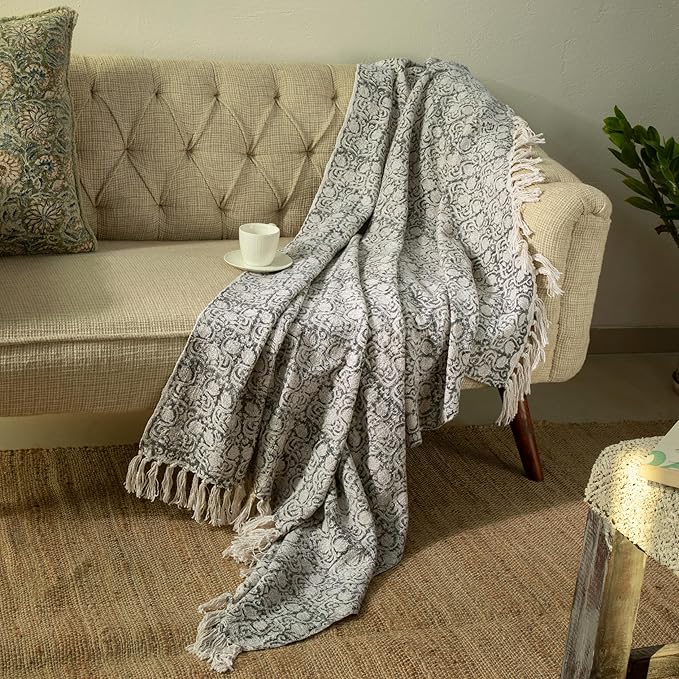 100% Pure Cotton Handblock Printed Throw Blanket, Soft 50" x 60" Fringed Floral by Unknown