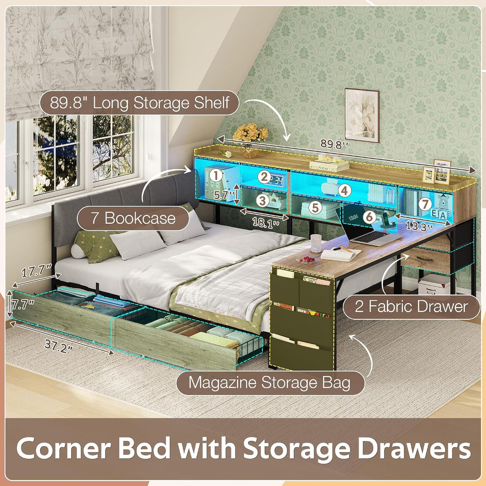 Space-Saving Corner Bed Frame Full with Storage & Desk, Oak Gray