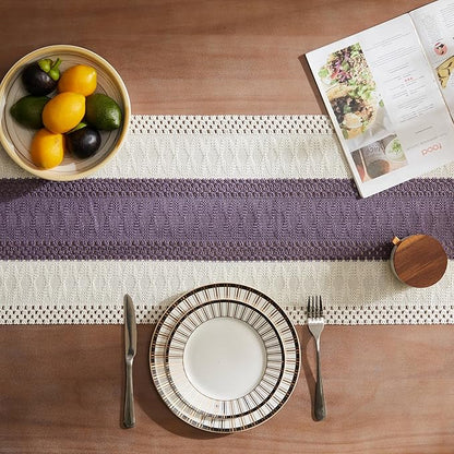 ZeeMart Macrame Style Bicolor Stitching Table Runner, 14 x 48 Inch Purple/Ivory - Image 4