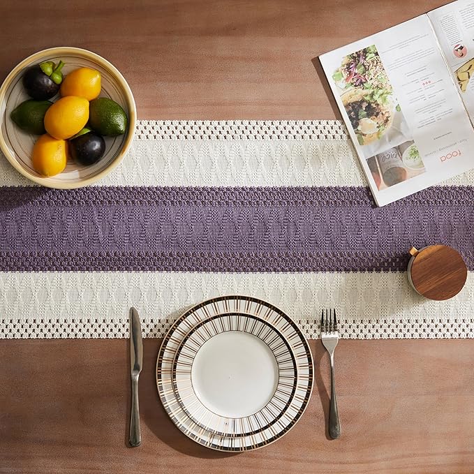 ZeeMart Macrame Style Bicolor Stitching Table Runner, 14 x 90 Inch Purple/Ivory - Image 4